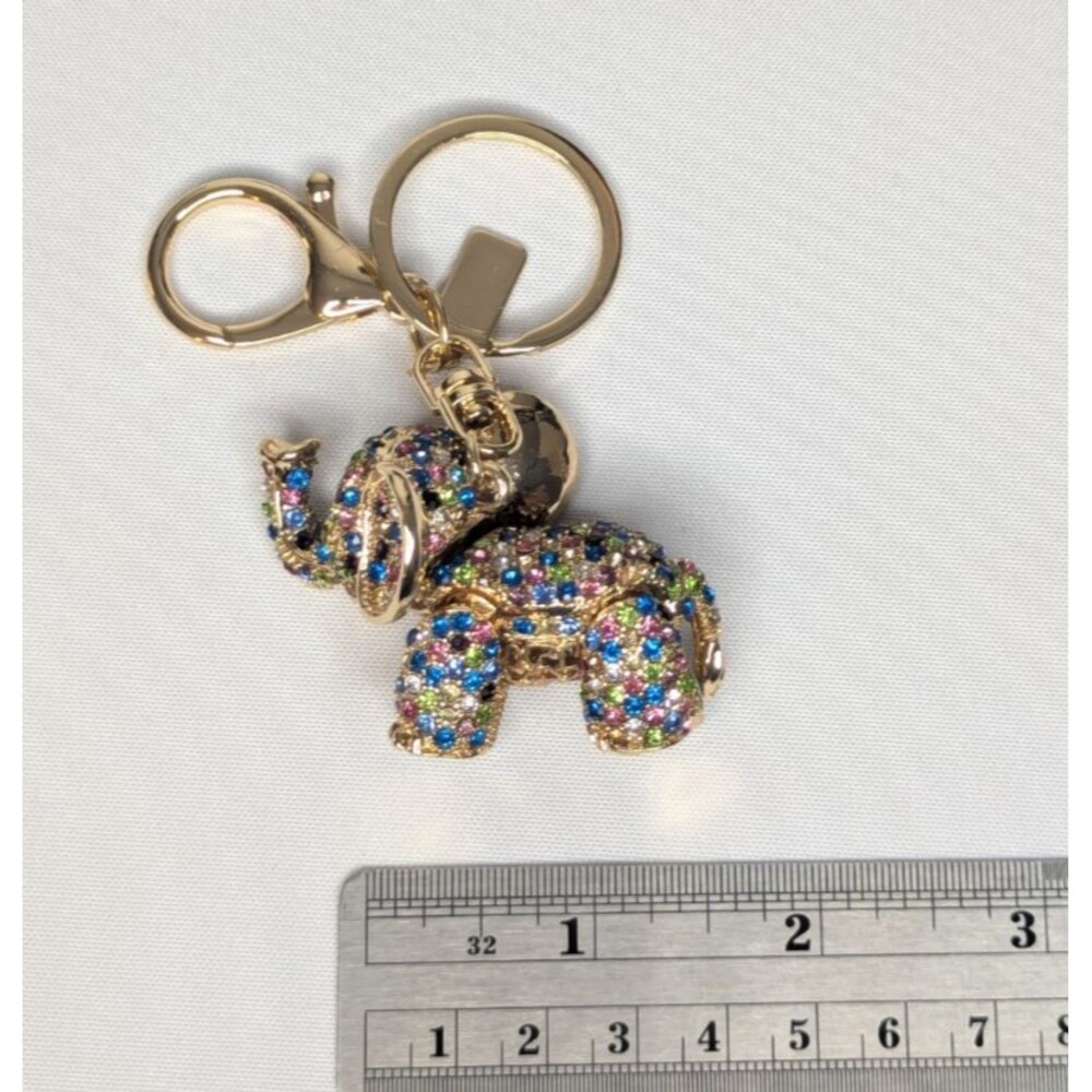 Off Park Elephant Keychain or Bag Charm - Gold, Multi Color Crystals, NEW